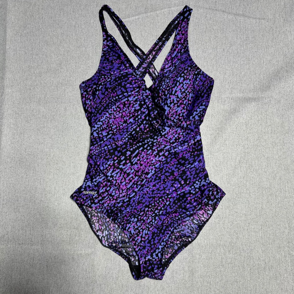 Speedo Women One Piece Swimsuit 10 Purple Mosaic Cross Back Keyhole